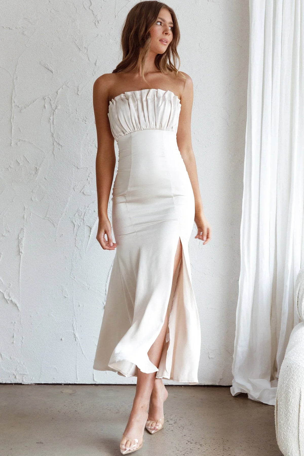 Tivoli Strapless Gathered Bust Midi Dress Champagne