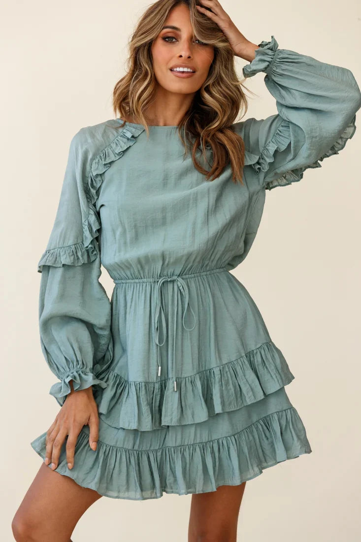 Best Wishes Long Sleeve Frill Detail Dress Olive
