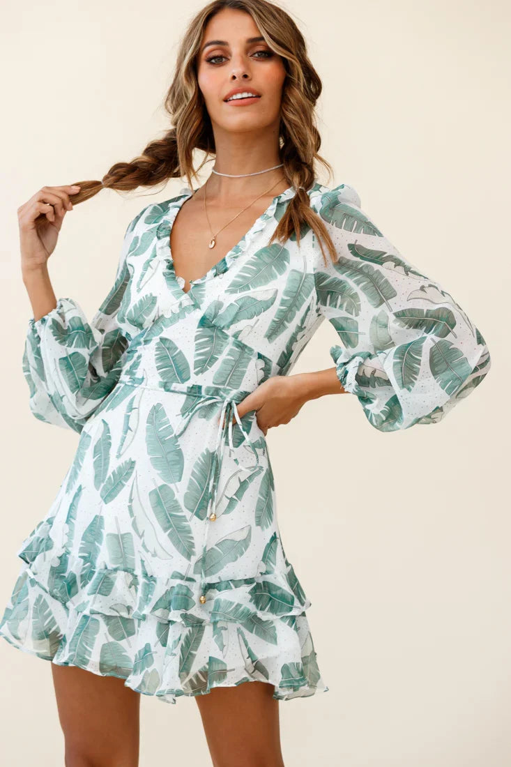 Tozzi Long Balloon Sleeve V-Neckline Dress Feather Print White