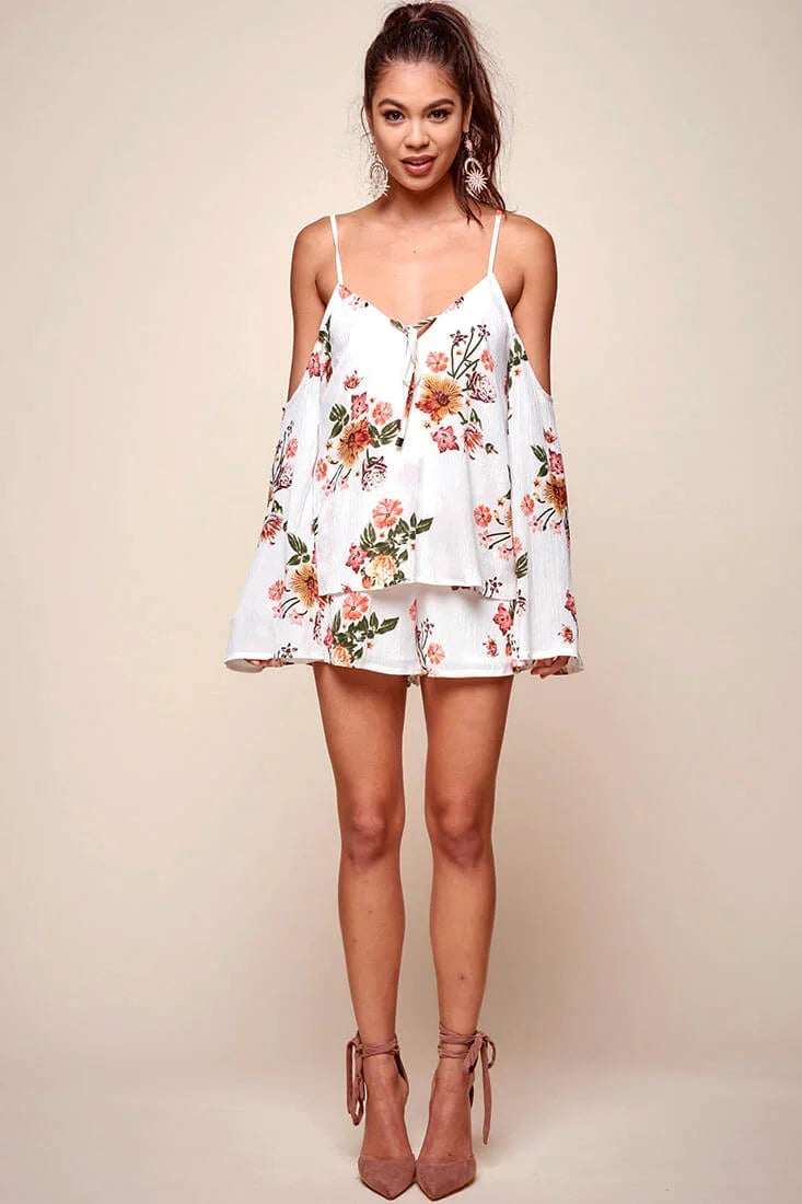 Ashanti Off the Shoulder Layered Floral Romper White