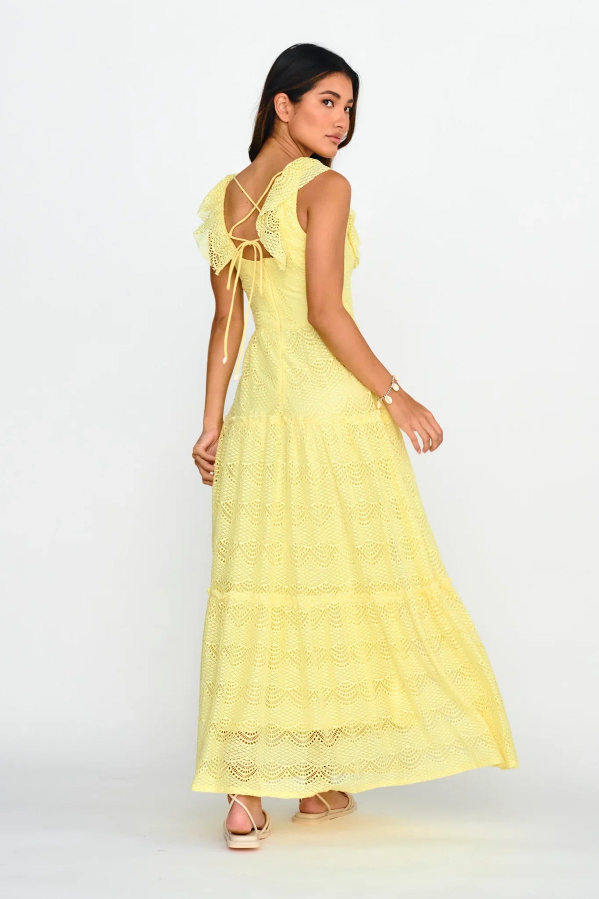 Portofino Sunset Ruffle Lace Maxi Dress Lemon