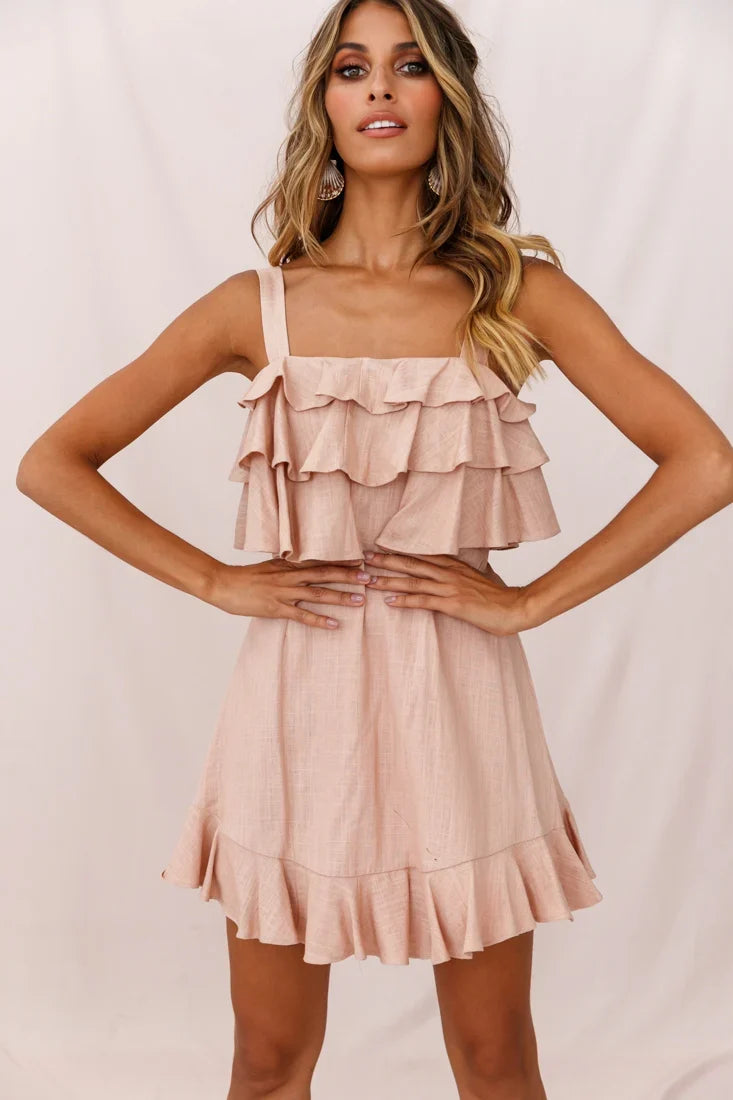 Lucille Tiered Ruffle A-Line Dress Mocha