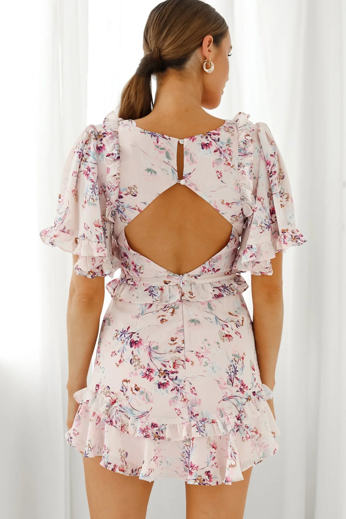 My Belle Cut-Out Detail Frill Accent Dress Floral Print Pink
