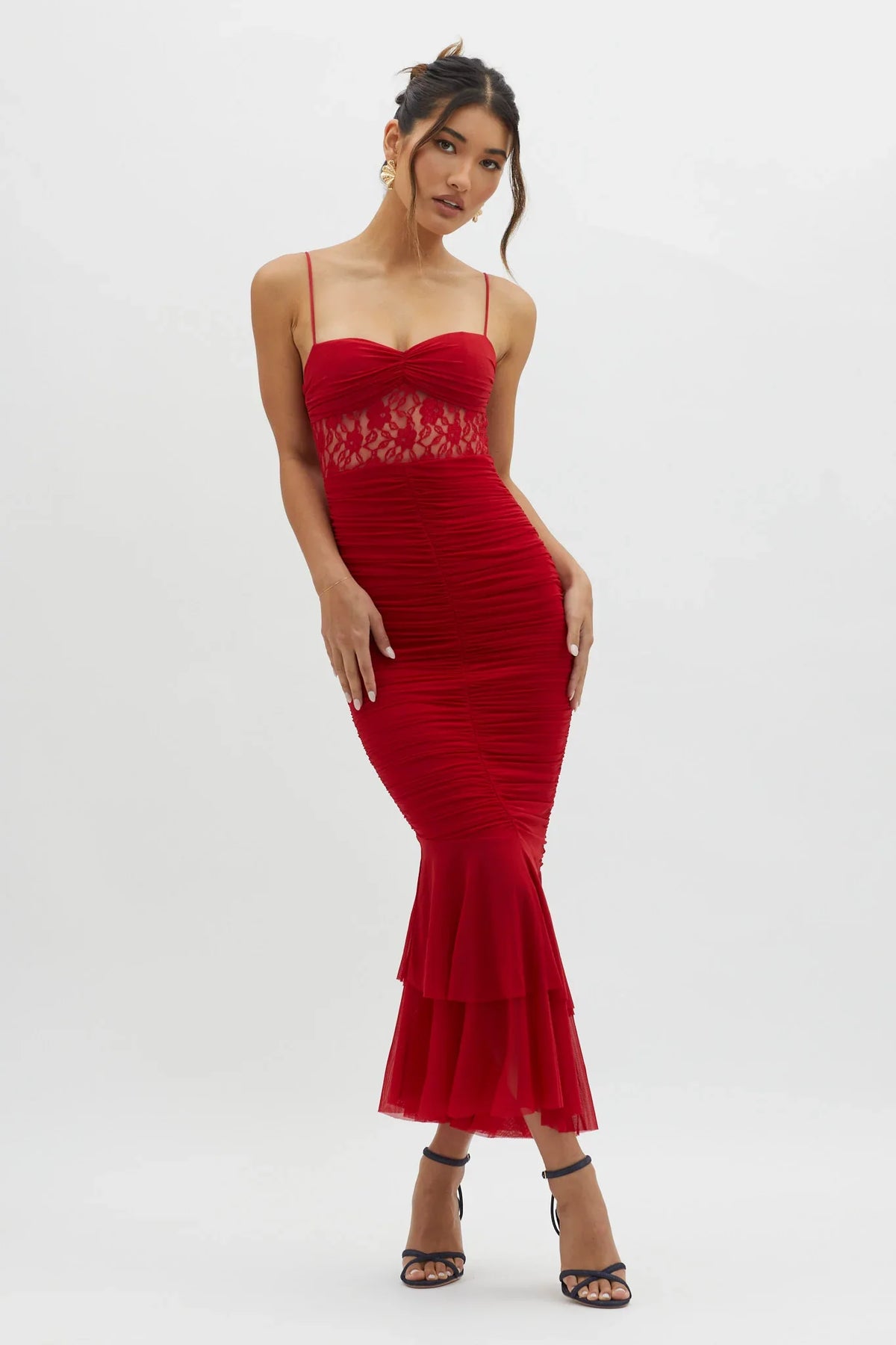 Cherubim Lace Insert Ruched Midi Dress Red