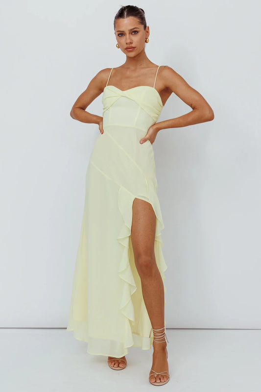 Jayna Ruffle Trim Split Dress Yellow