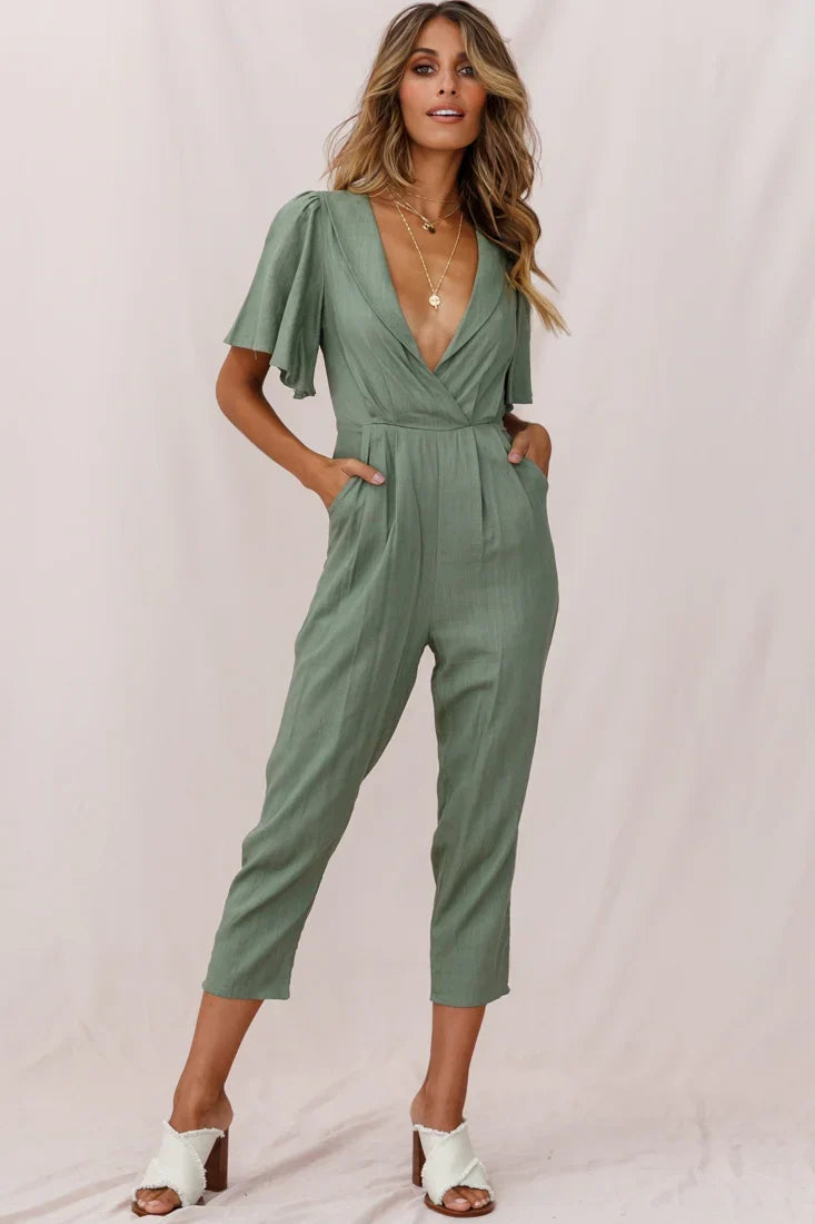 Dana Straight Leg Collared Neck Jumpsuit Olive