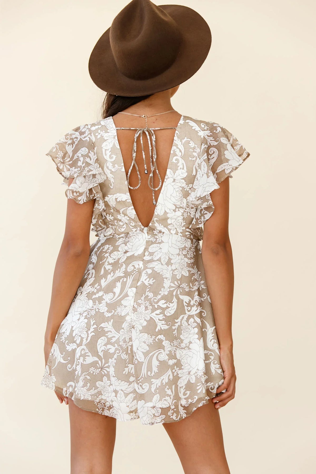 Say That Again Ruffle Shoulder Dress Ornate Floral Print Beige