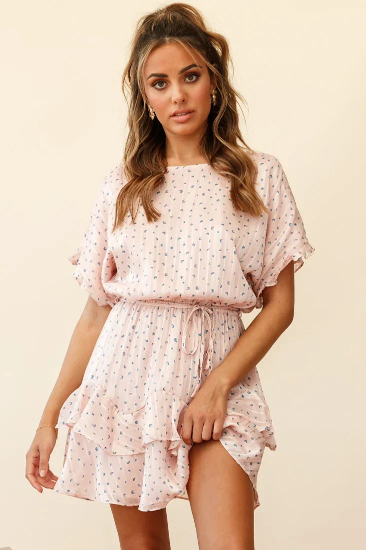 Mollina Frill Sleeve Layered Hem Dress Spot Print Blush