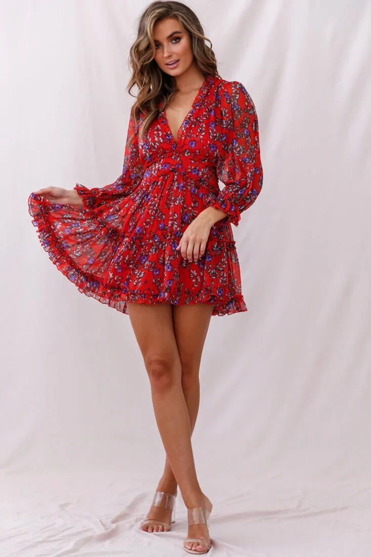 Laney Cutout Back Ruffle Trim Dress Red Floral