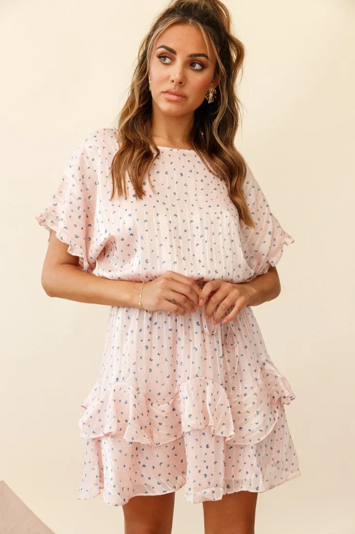 Mollina Frill Sleeve Layered Hem Dress Spot Print Blush