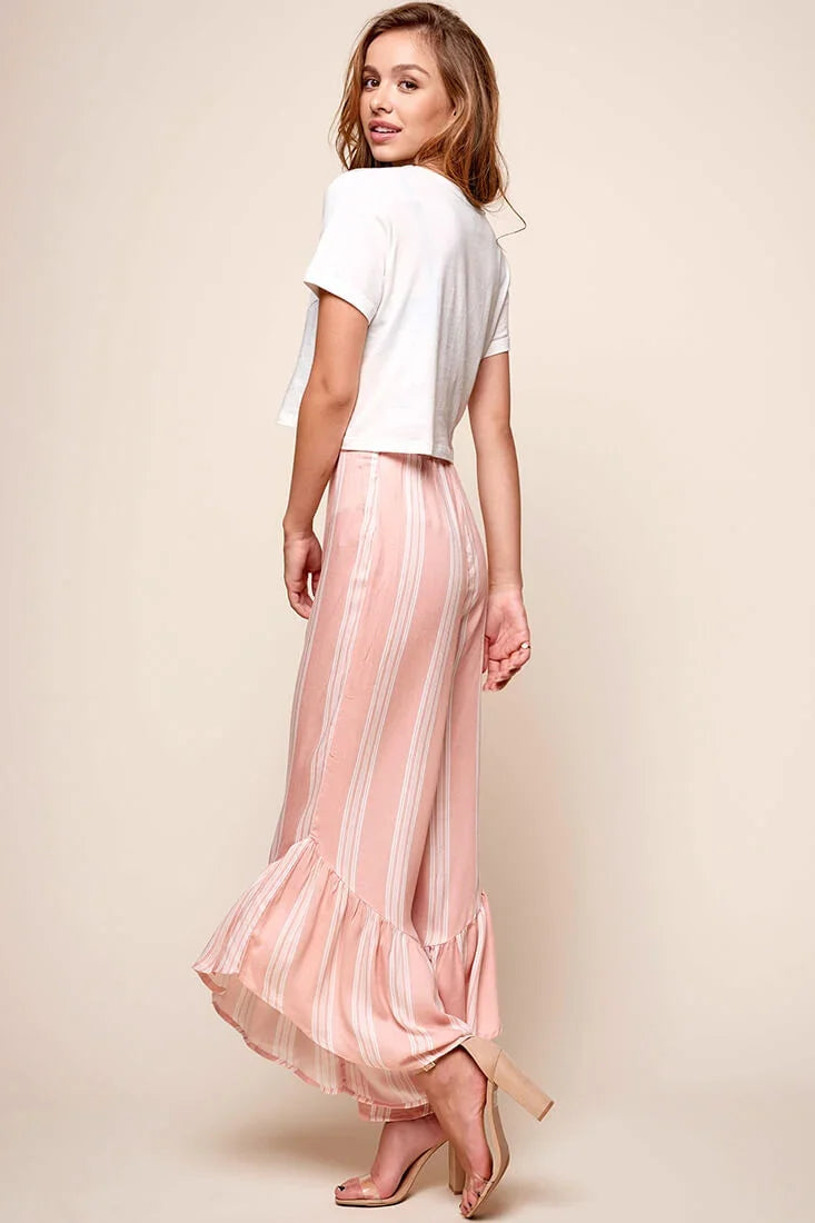 Maybe Crop Ruffle Hem Pants Peach Stripe