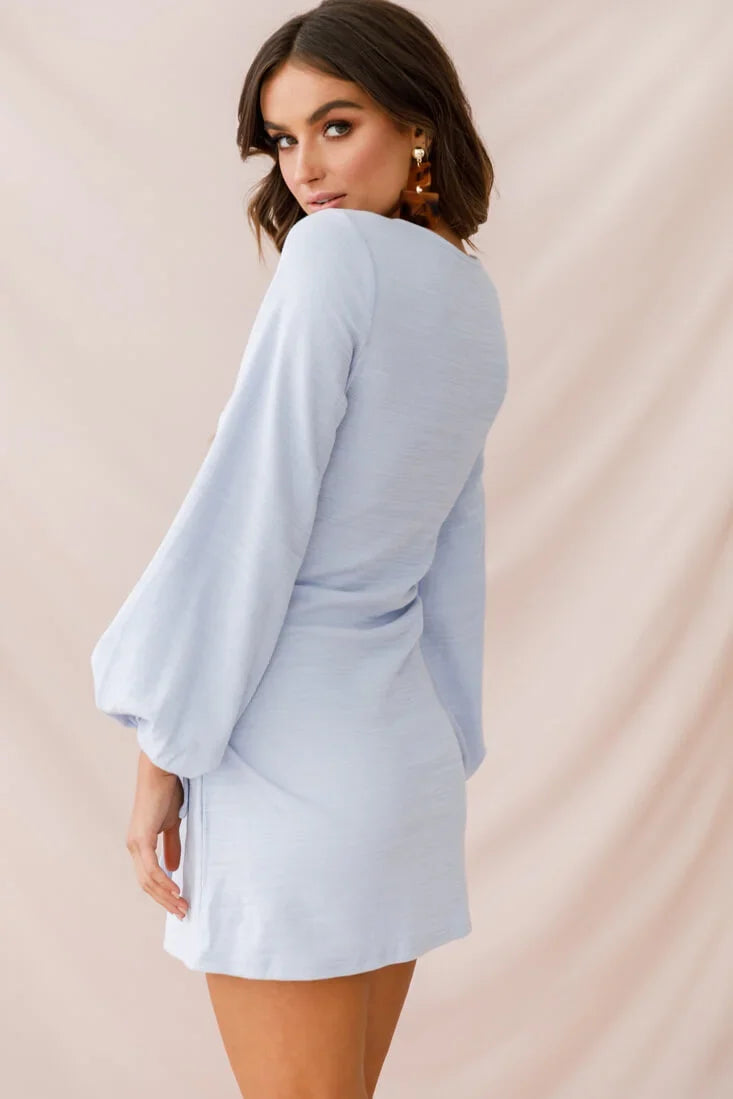Rapt Waist Tie Bishop Sleeve Knit Dress Steel Blue