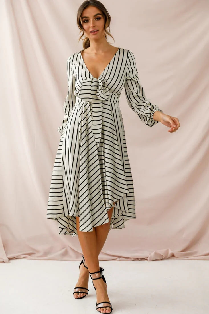 Essex Striped Bust Tie Midi Dress Beige