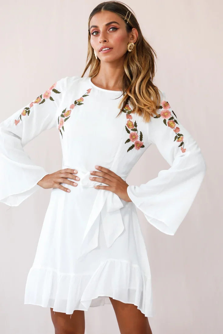 Yara Floral Embellished Fit and Flare Dress White