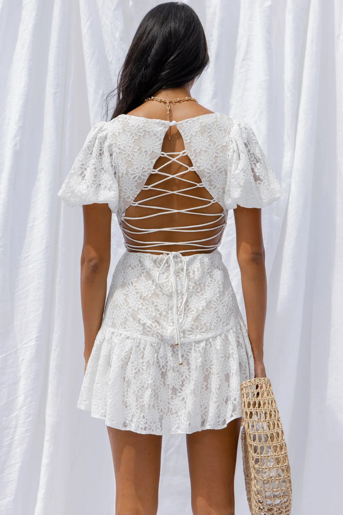 Petite Cherie Puff Sleeve Lace-Up Back Dress Lace White
