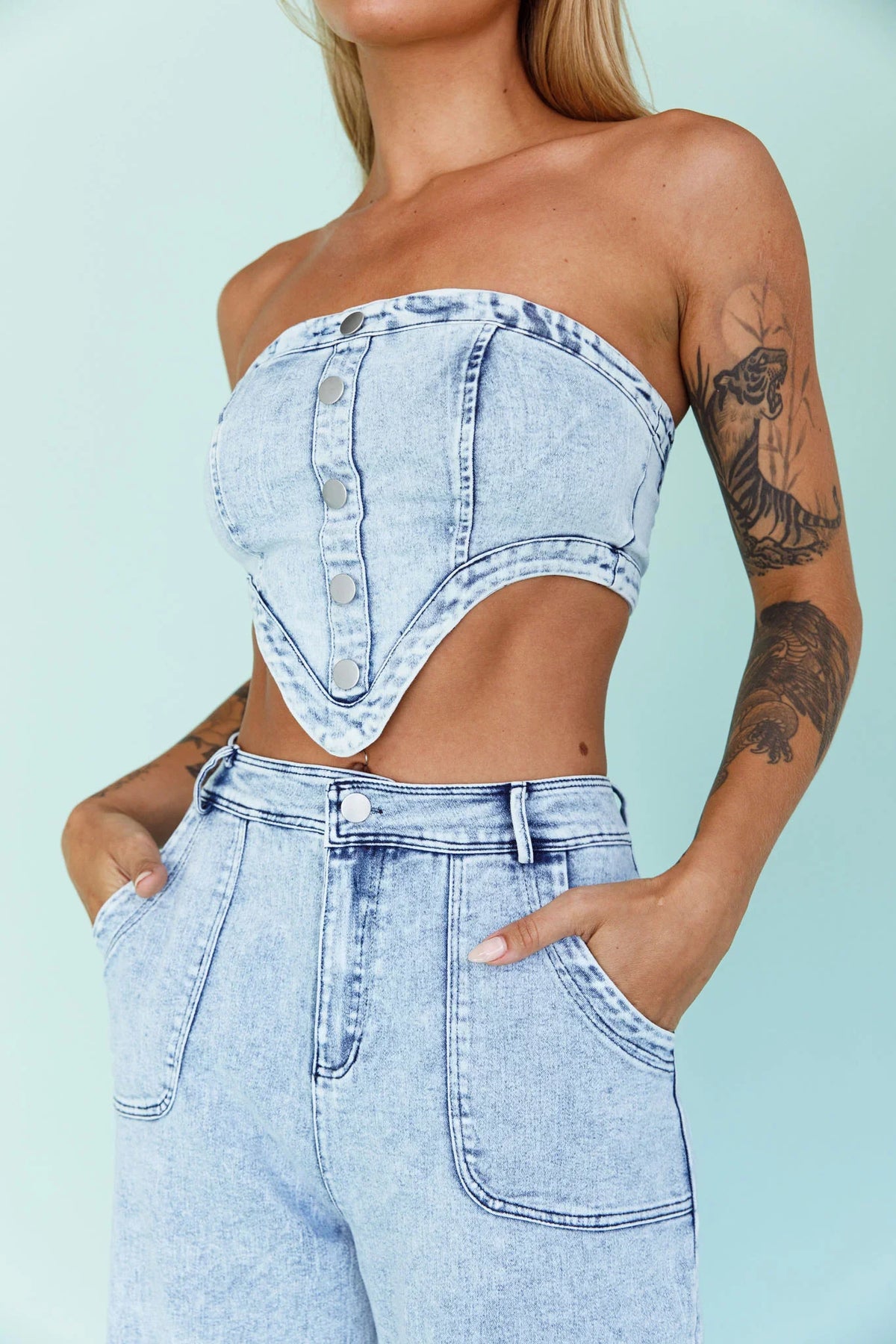 Uptown Strapless Crop Top Denim