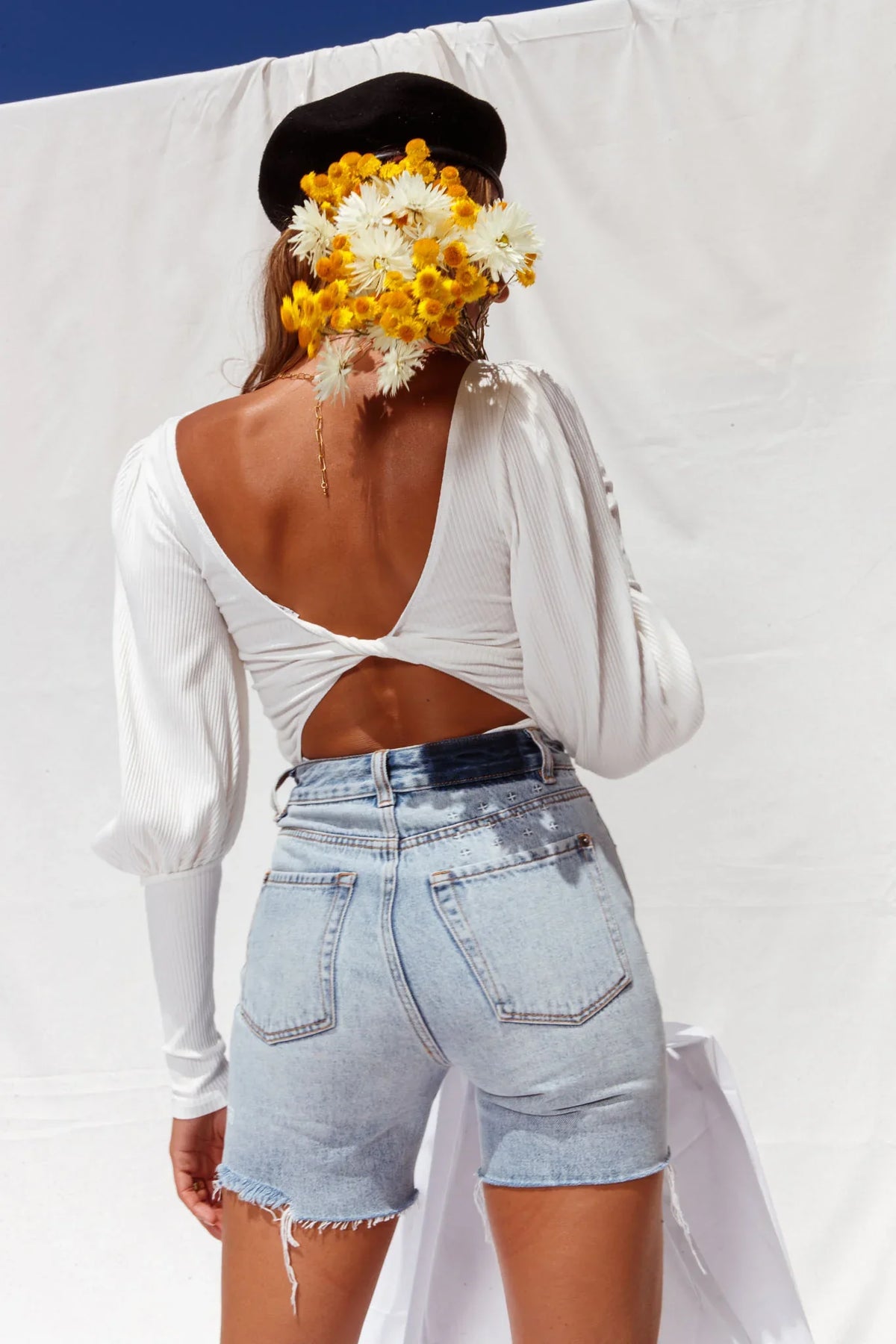 Moneymaker Lantern Sleeve Open Back Bodysuit White