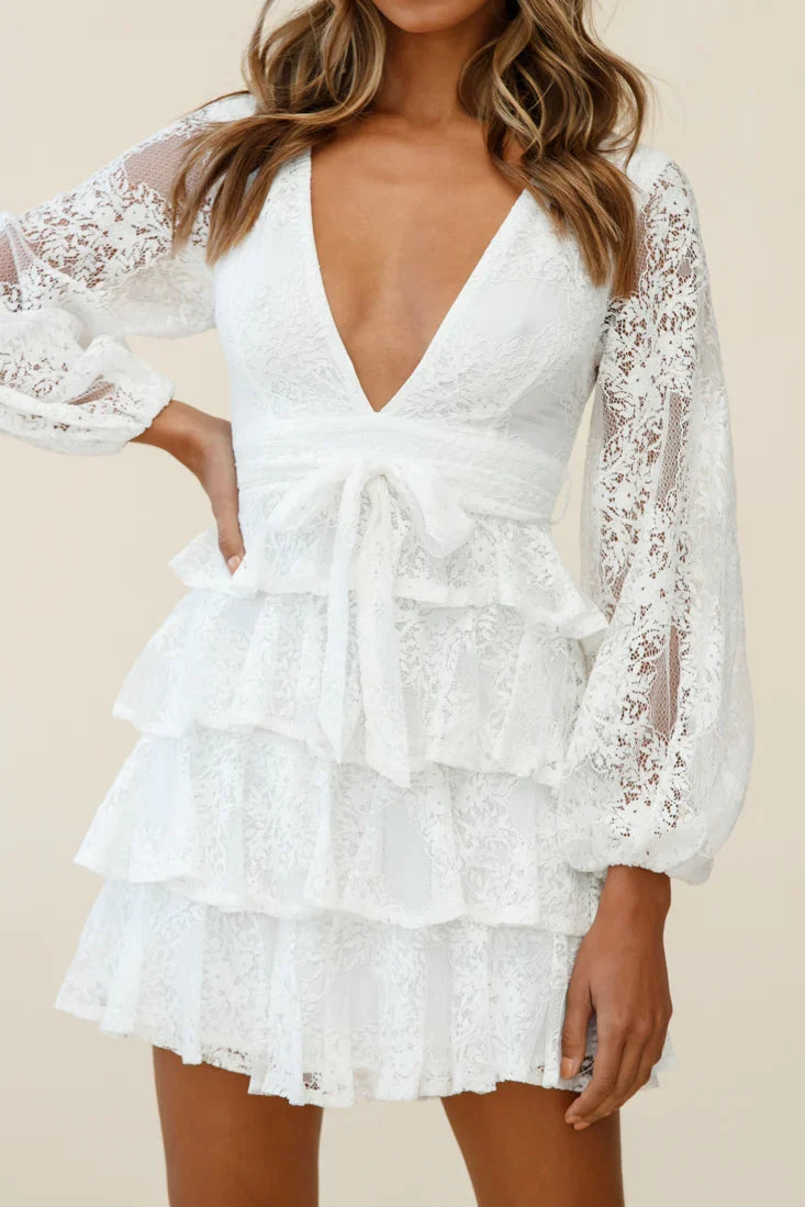Queensland Balloon Sleeve Tiered Frill Lace Dress White