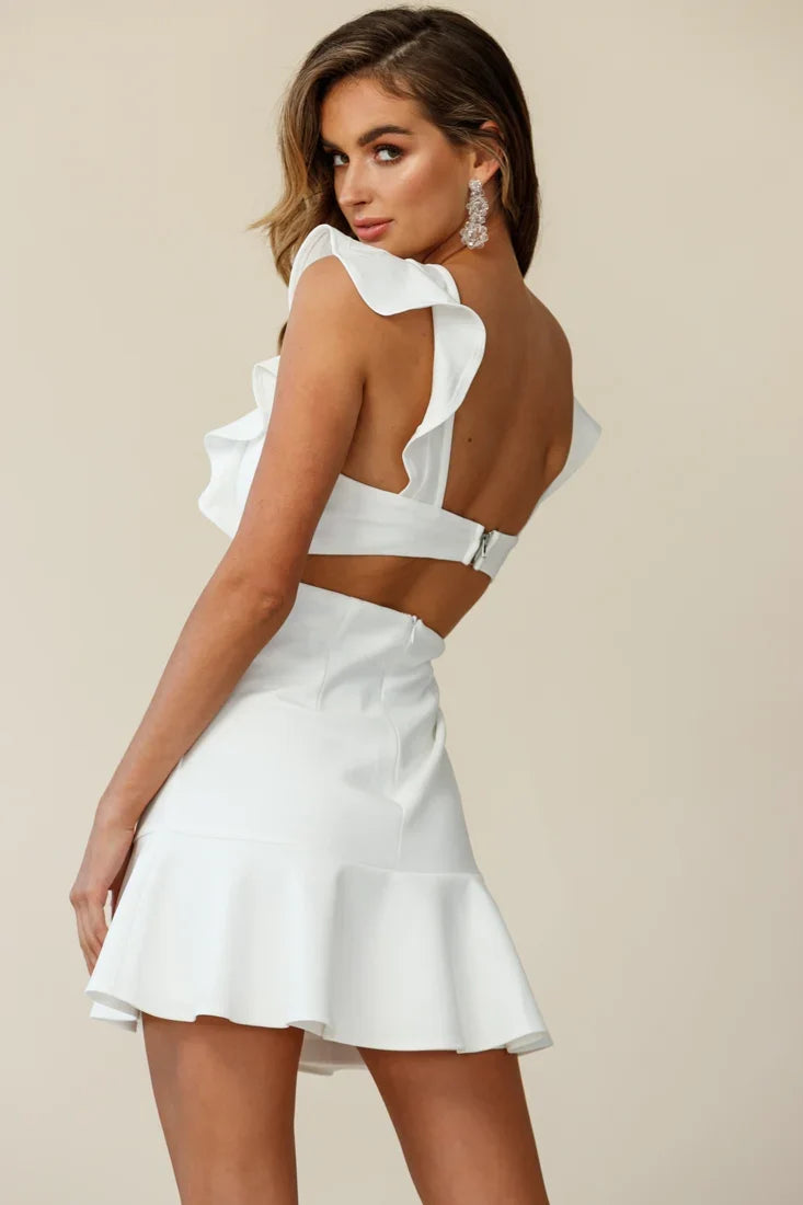 Jackie Wide Ruffle Hem Pinafore Dress White