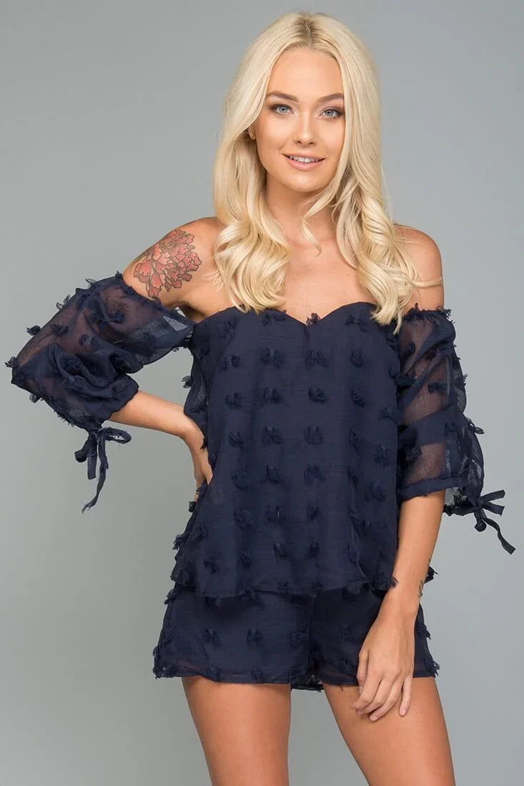 Stefani Heart Shaped Off the Shoulder Romper Navy
