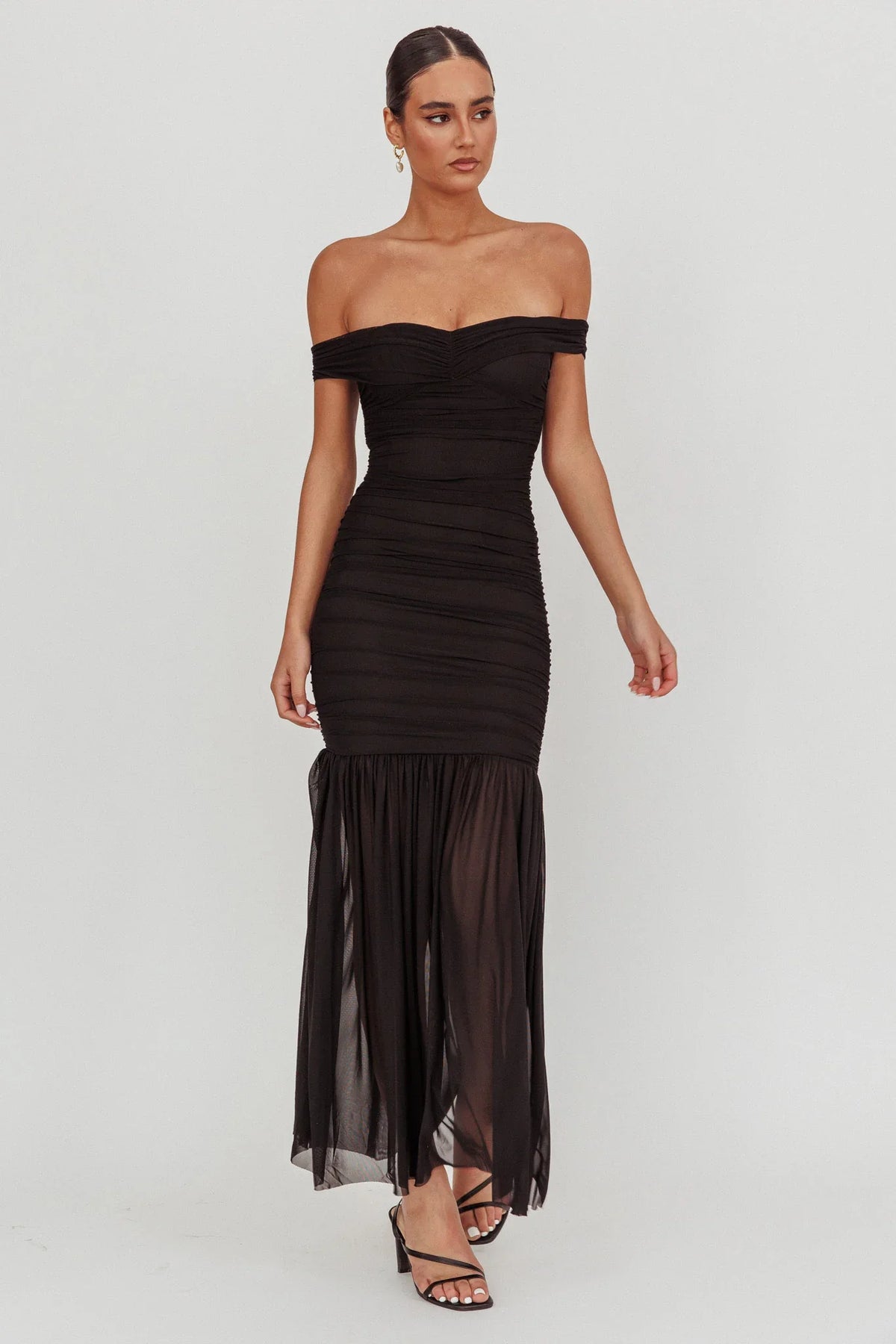La Salle Off Shoulder Mesh Maxi Dress Black