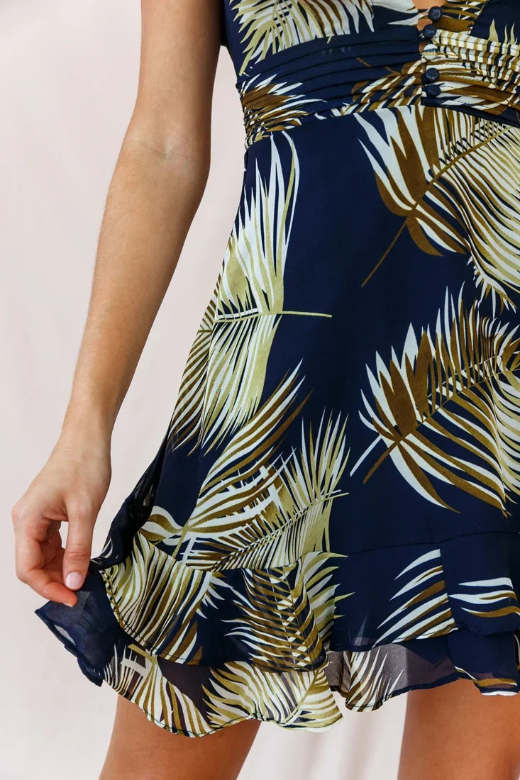 Shaina Pintuck Placket Empire Cut Dress Palm Print Navy