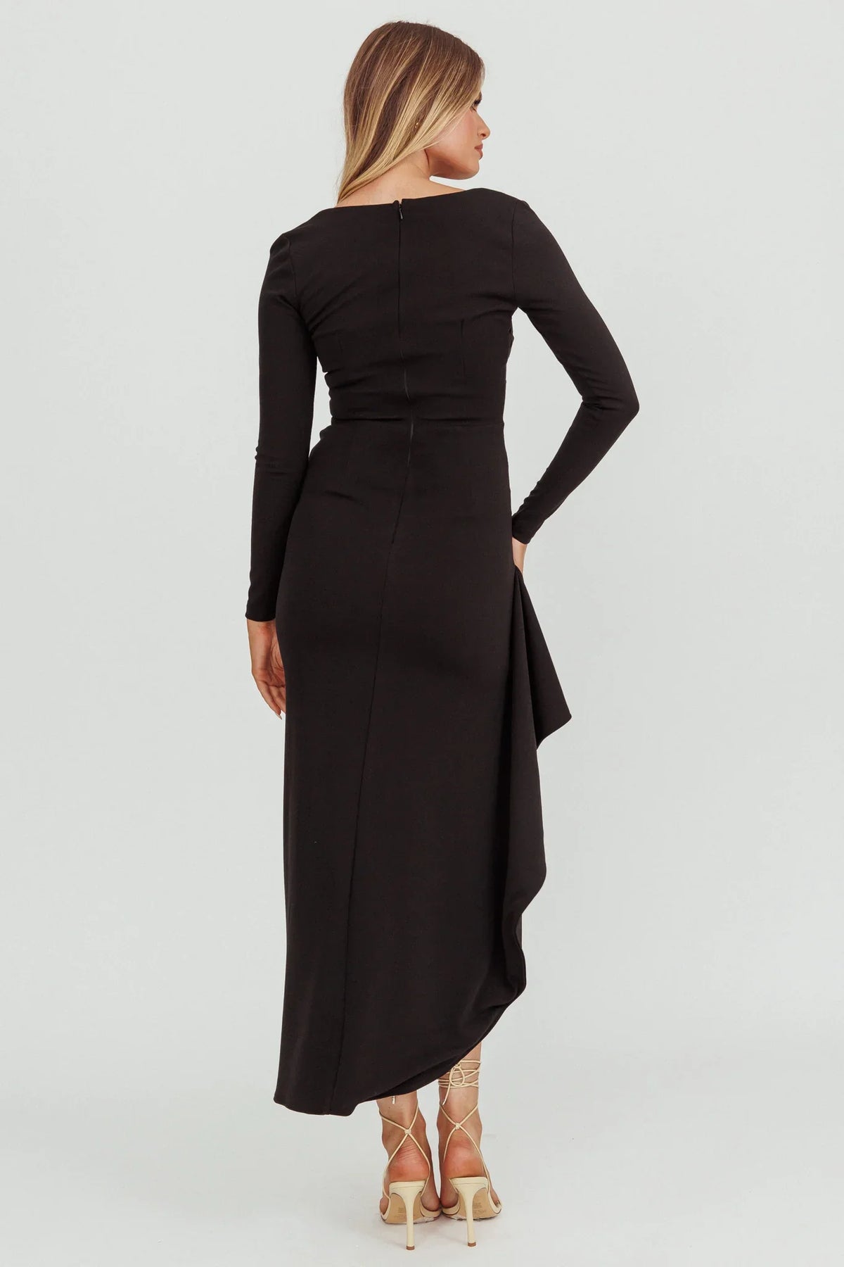 Cha Cha Long Sleeve Thigh Split Dress Black