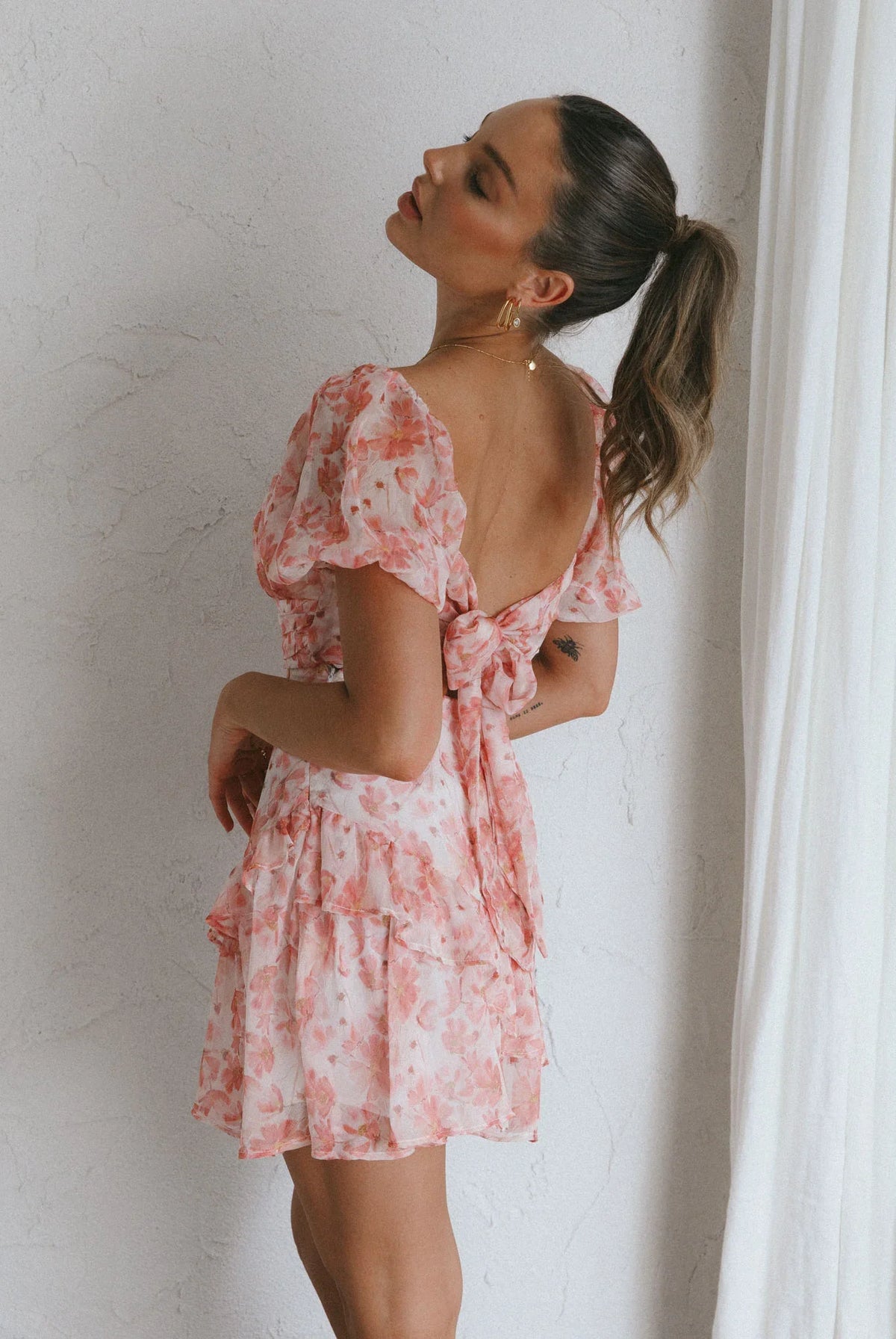 Joie Puff Sleeve Frill Dress Floral Pink