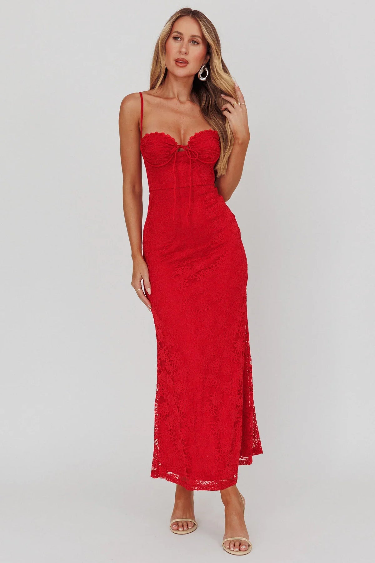 Passione Tied Bust Lace Maxi Dress Cherry