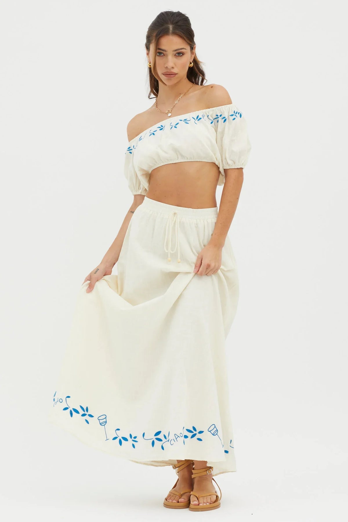 Ritual Puff Sleeve Embroidered Crop Top Beige