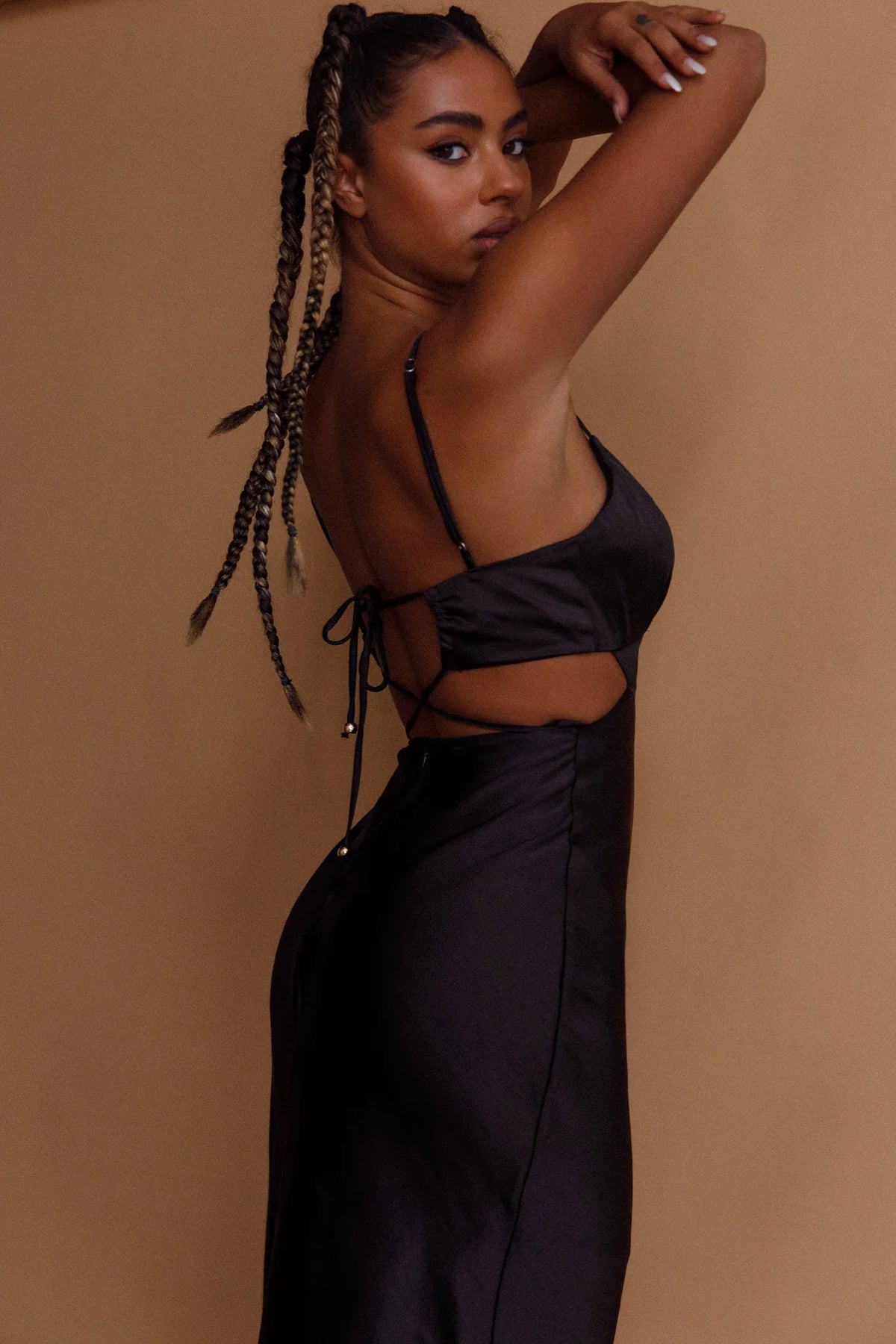 City Lights Cut-Out Waist Strappy Back Midi Dress Black