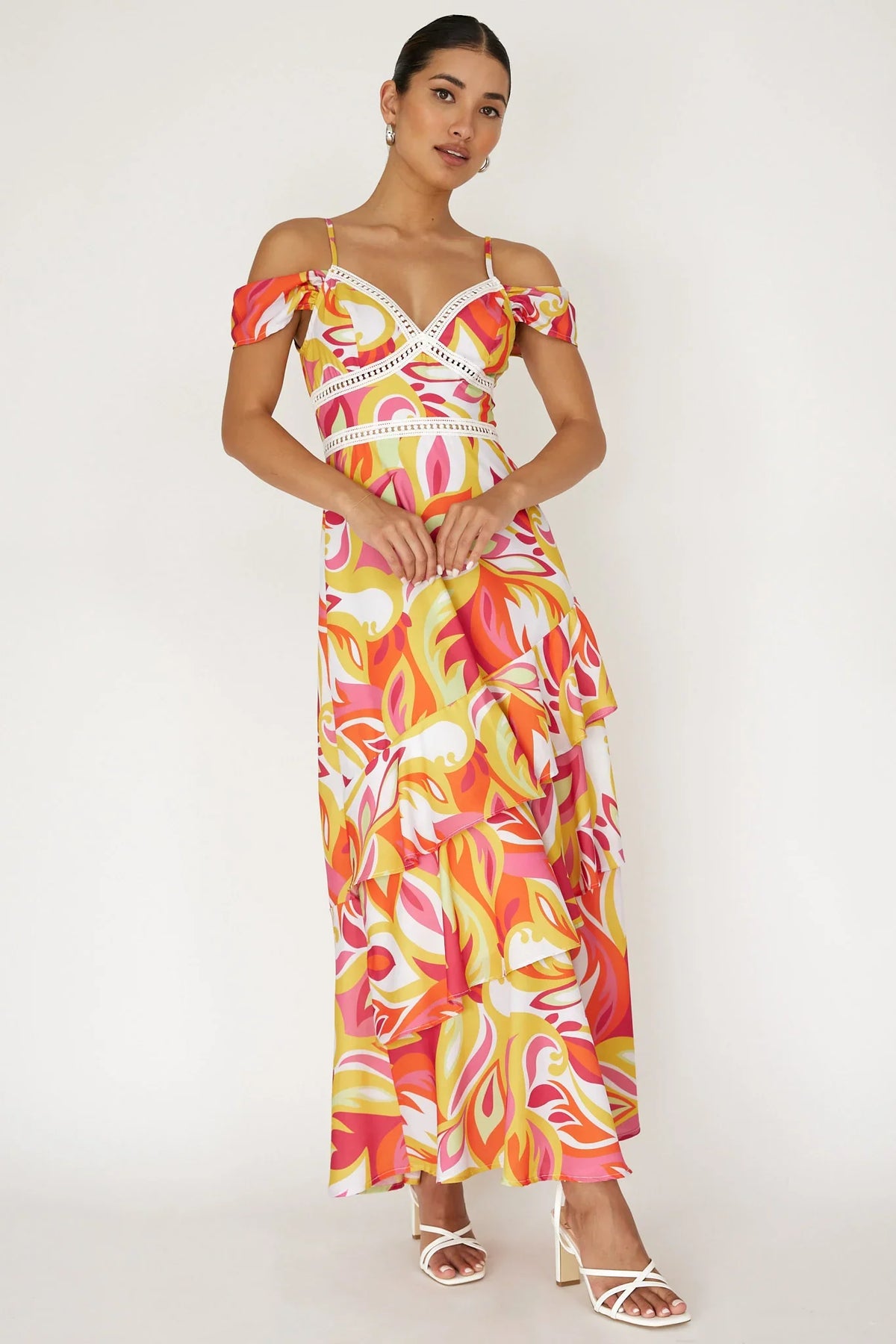 Seina Off-Shoulder Crochet Trim Dress Print Orange