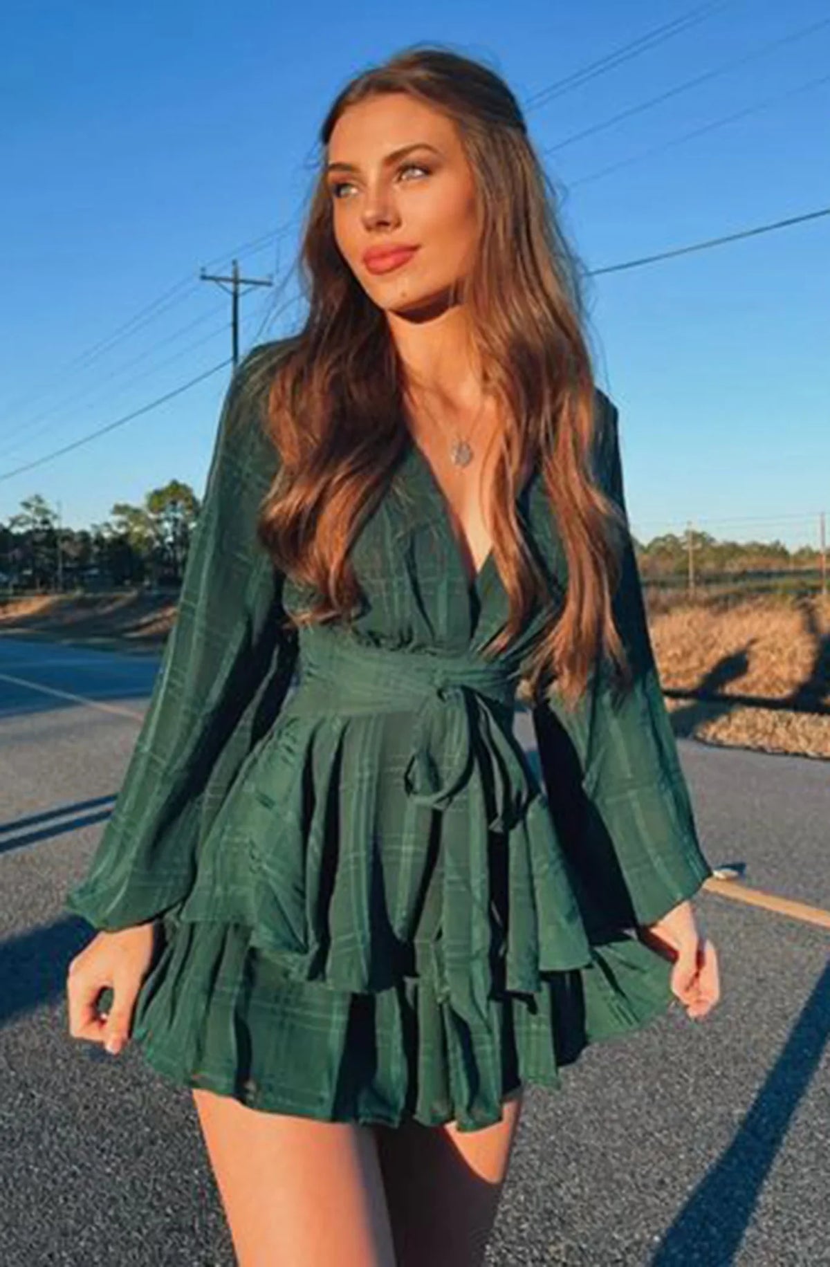 Maddox Fit & Flare Long Sleeve Romper Forest Green