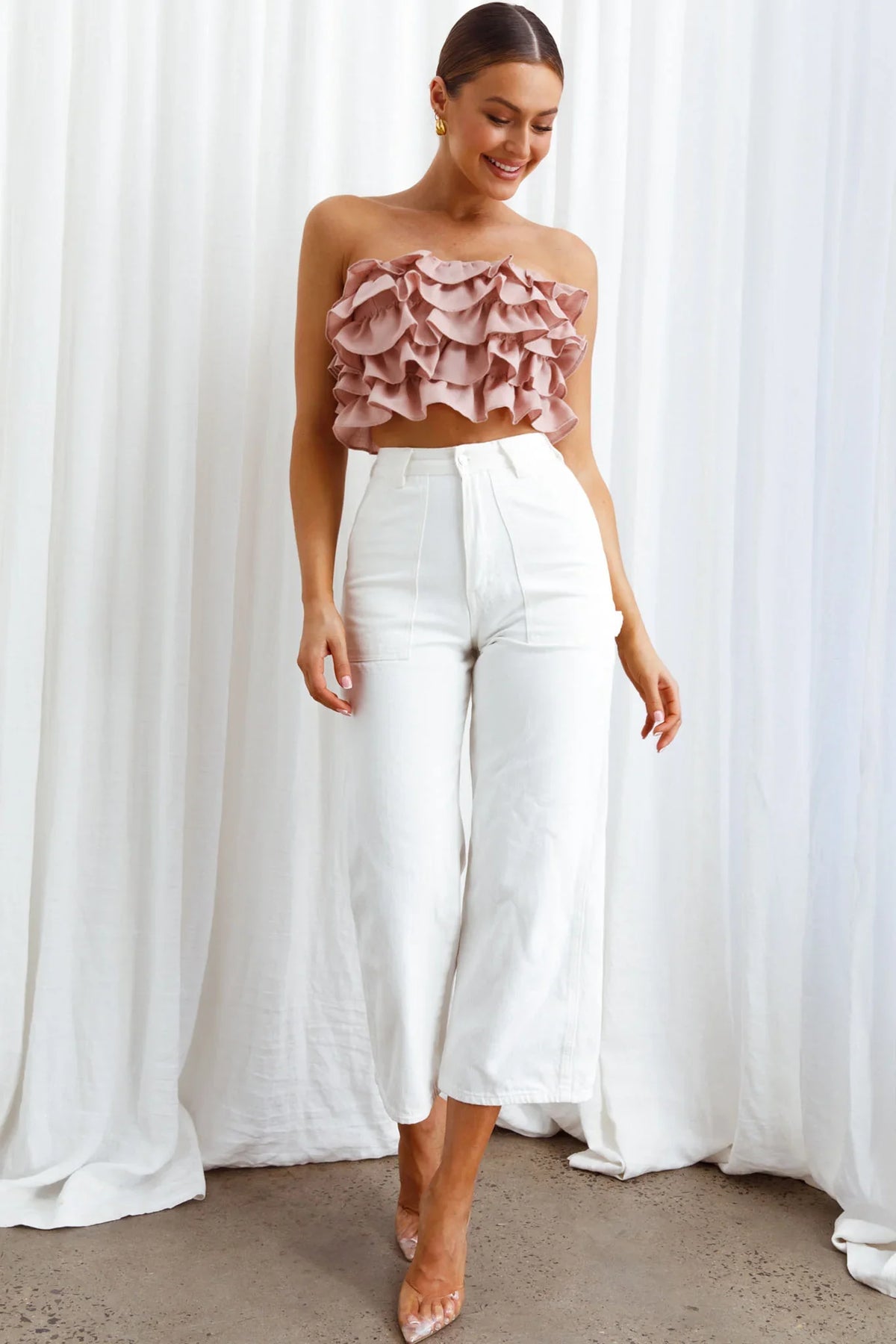 Talulah Layered Ruffle Lace-Up Back Crop Top Blush