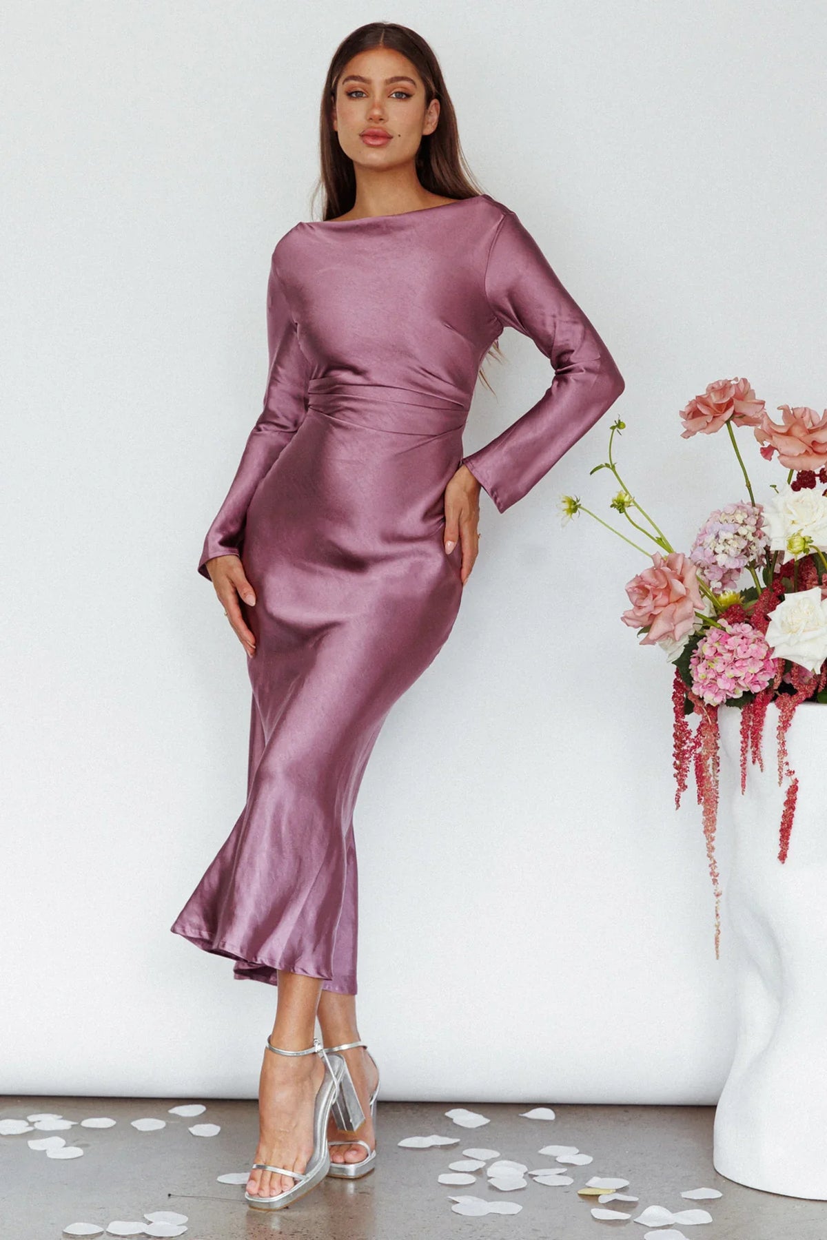 Loveland Cowl Back Midi Dress Grape