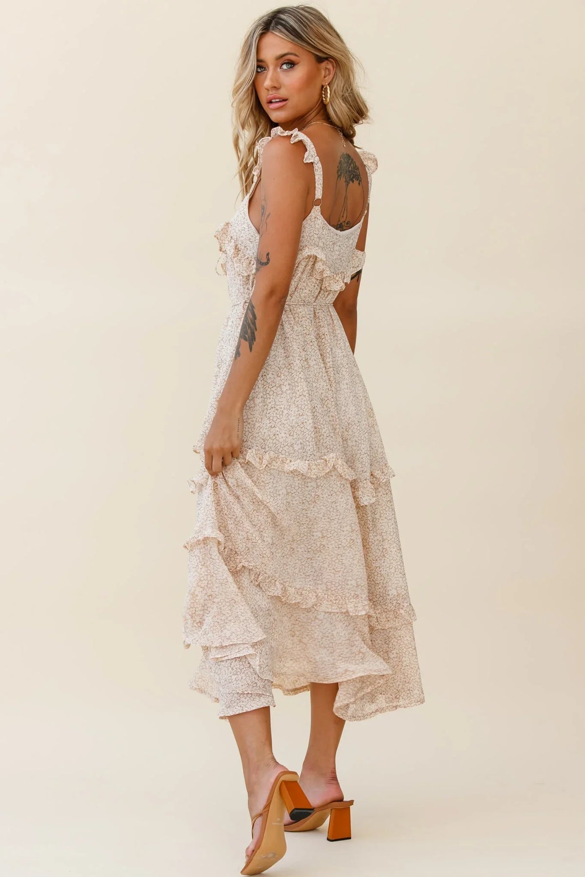 Priscilla Frill Detail Maxi Dress Floral Print Beige