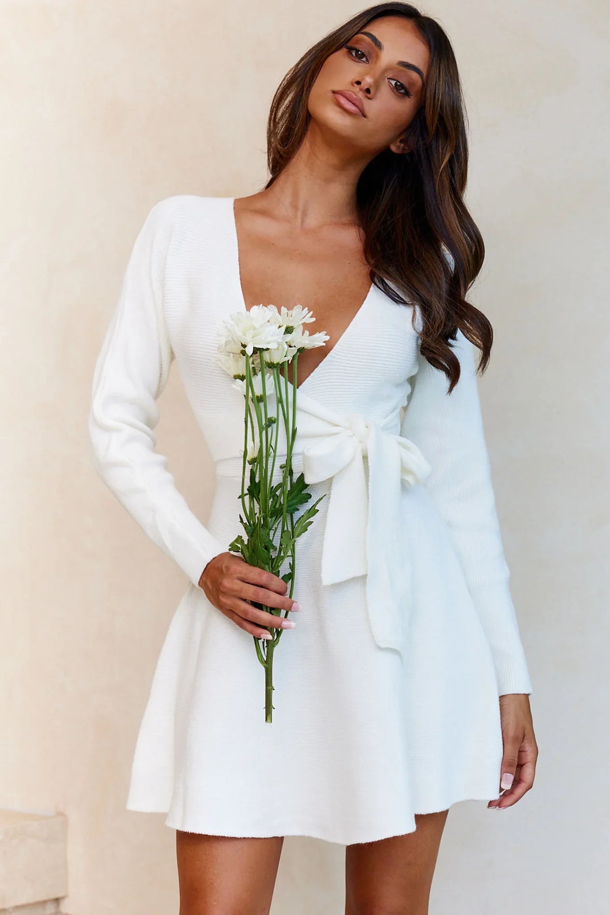 Shooting Star Long Sleeve Side Tie Knit Dress White