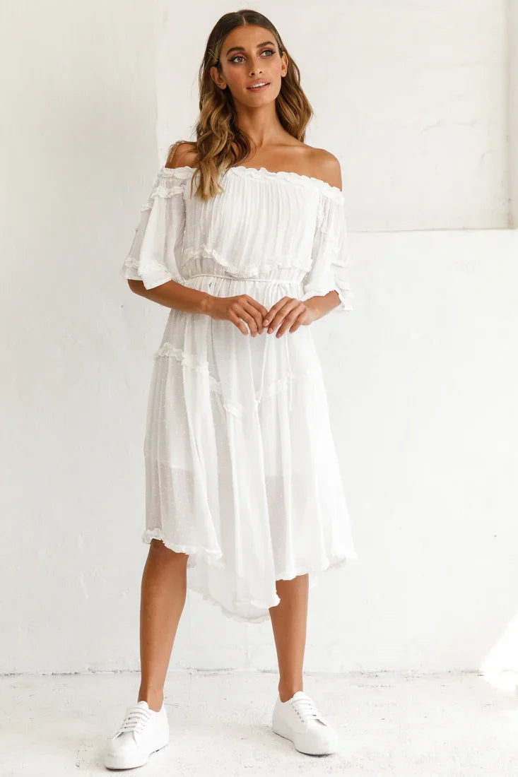 Renoir Off-Shoulder Frill Trim Midi Dress White