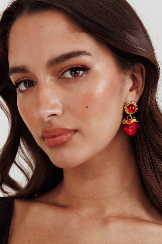 Raja Puffed Red Heart Earrings Gold