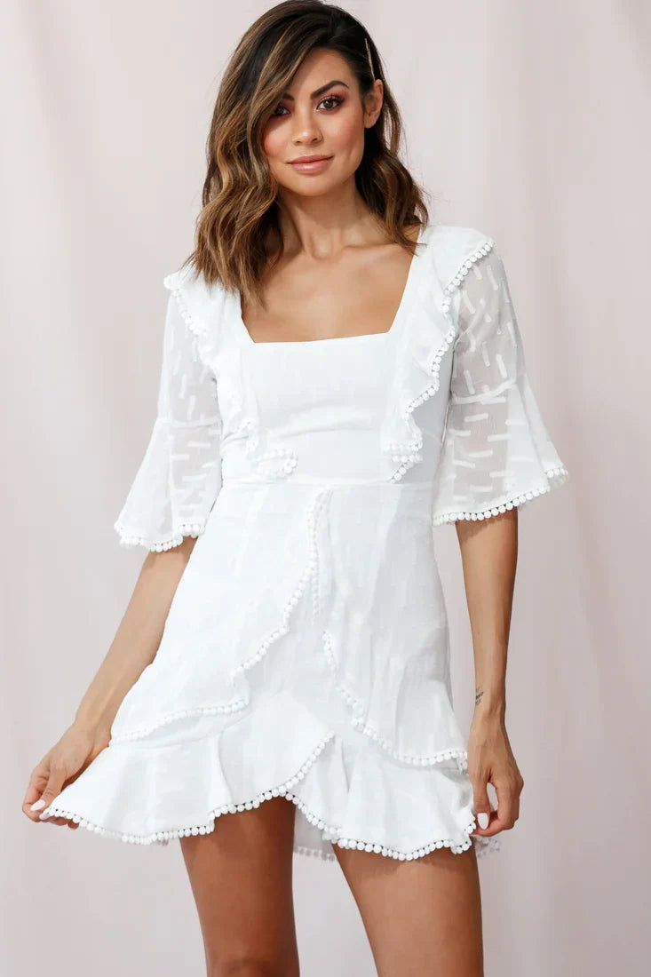 Evangelina Square Neckline Fluted Half-Sleeve Dress White