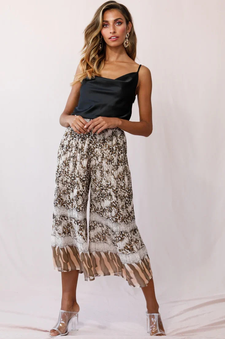 Gemini Accordion Pleat Wide Leg Pants Brown Leopard