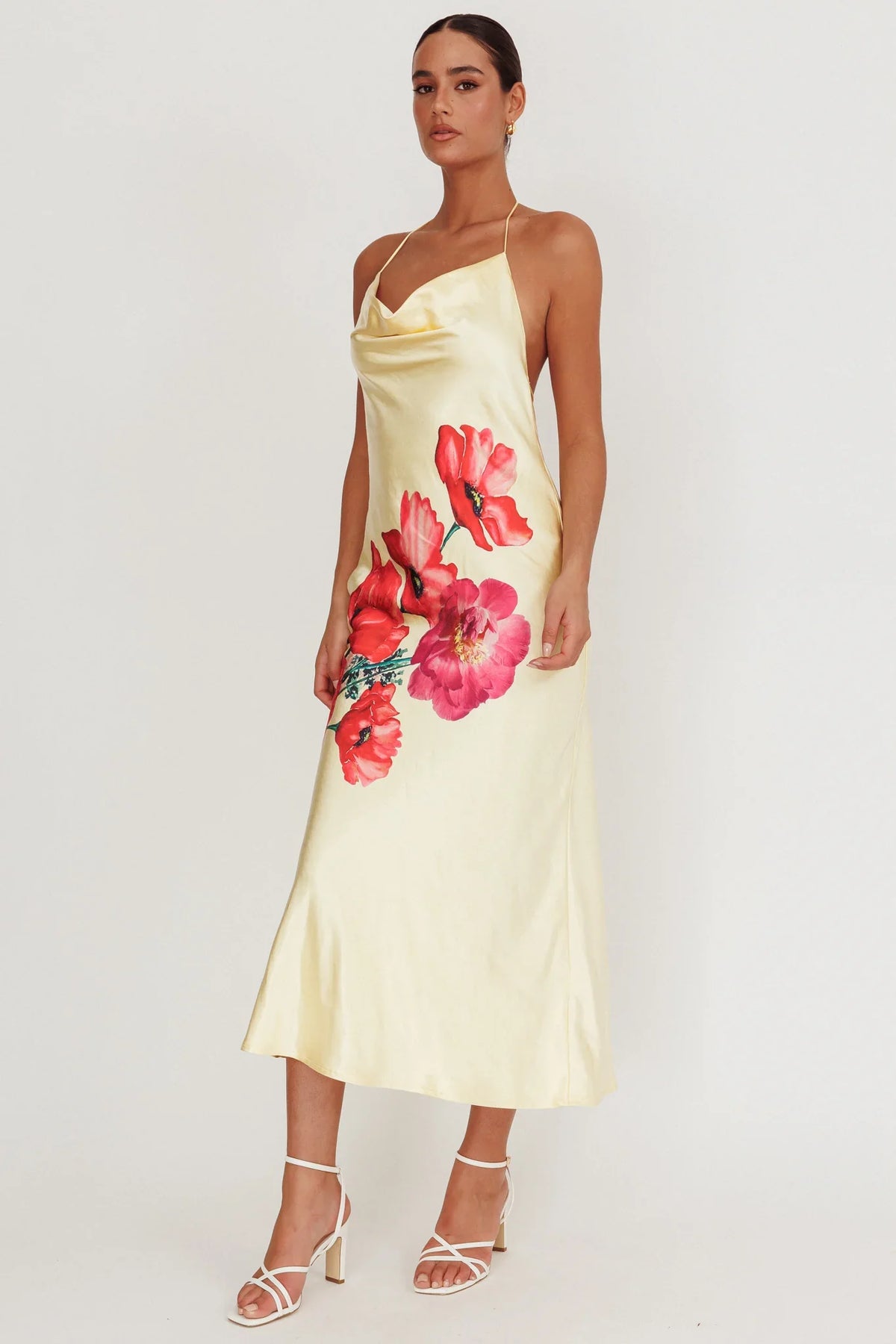 Seren Backless Cowl Neck Midi Dress Yellow