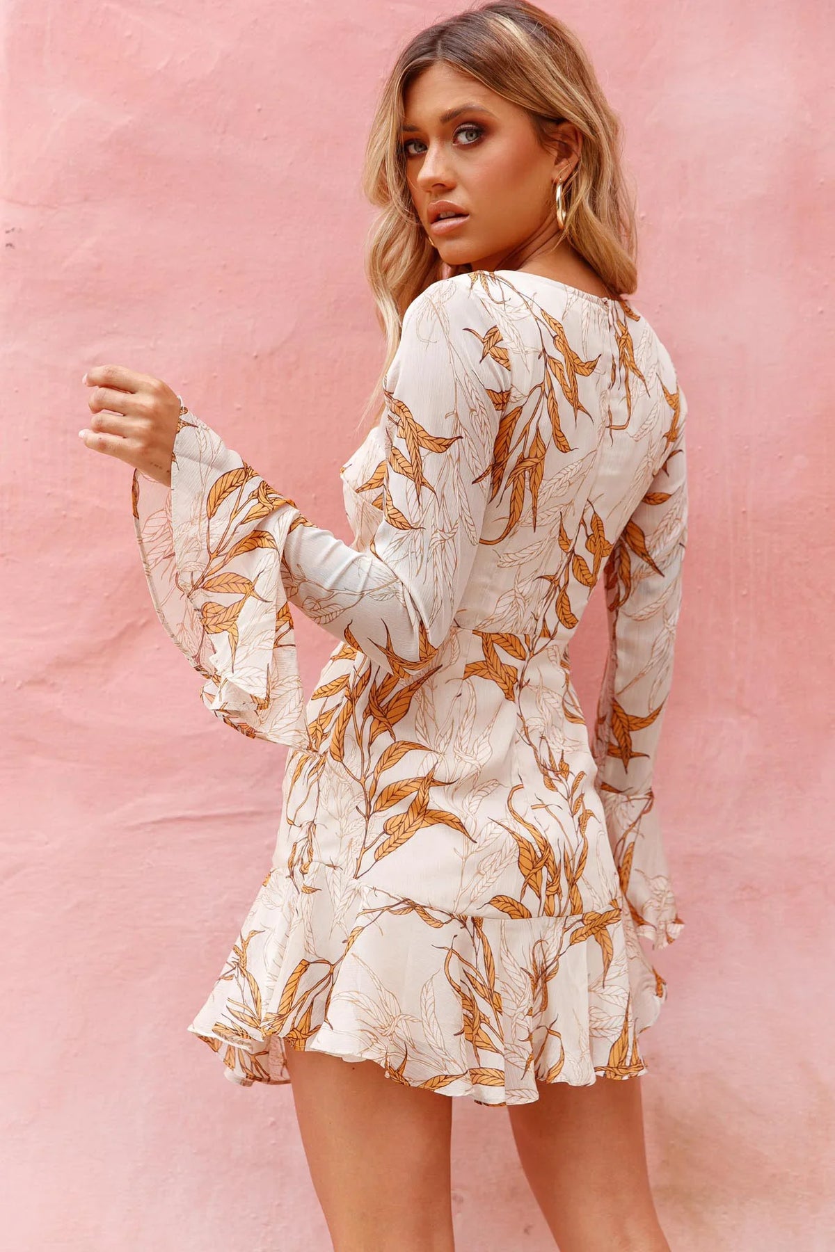 Adalia Long Sleeve Flared Cuff Dress Leaf Print Beige