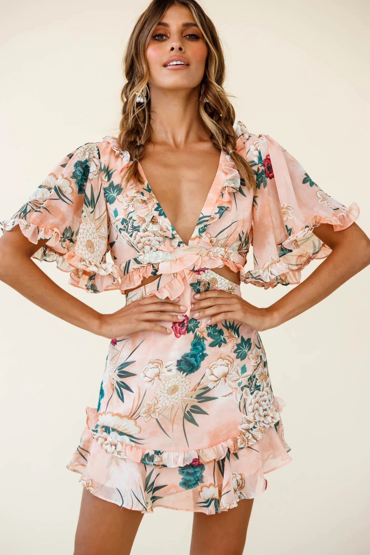 My Belle Cut-Out Detail Frill Accent Dress Floral Print Orange