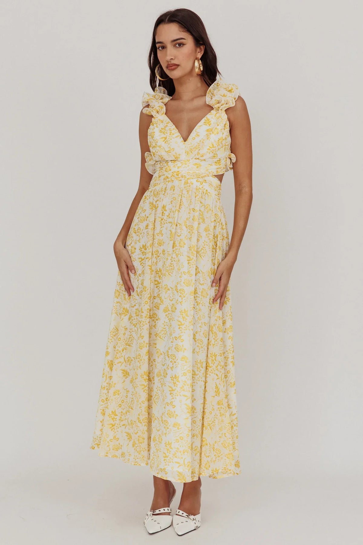 Madara Lace-Up Back Maxi Dress Floral Yellow
