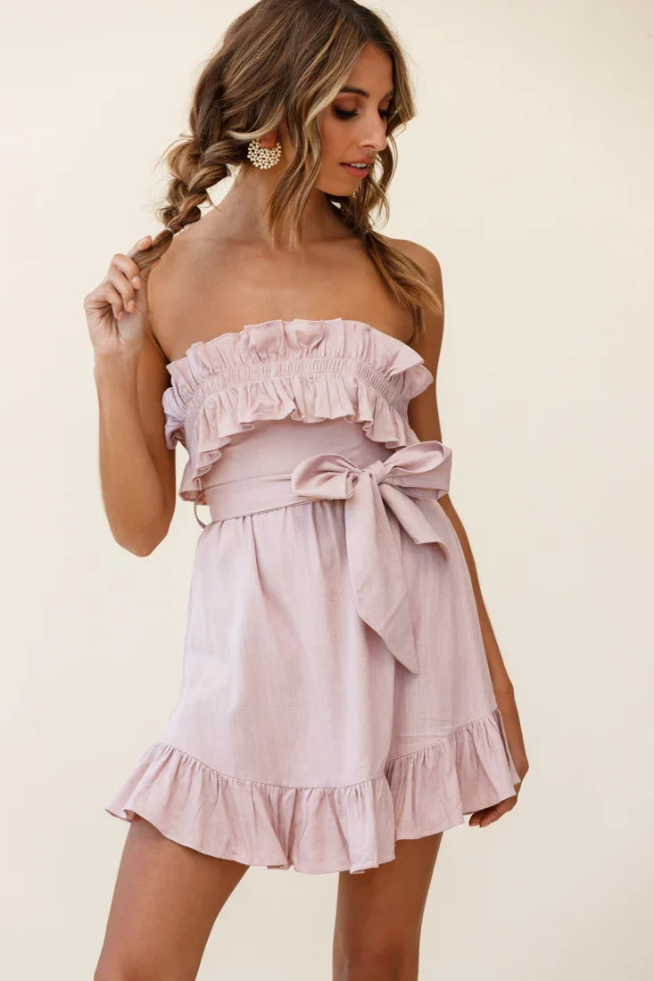 Dream All Day Shirred Ruffle Feature Strapless Dress Blush