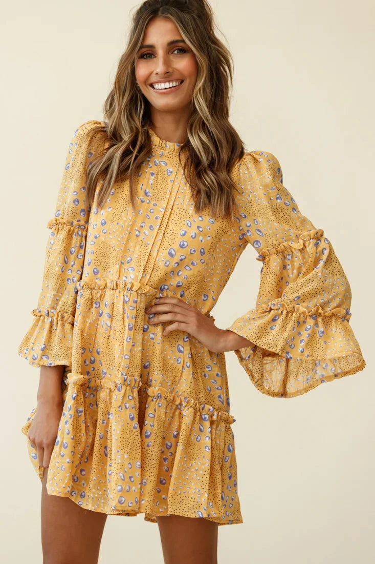 Beatrix High Neck Bell Sleeve Dress Droplet Print Yellow