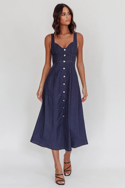 Pixie Dust Button Front Midi Dress Dark Denim