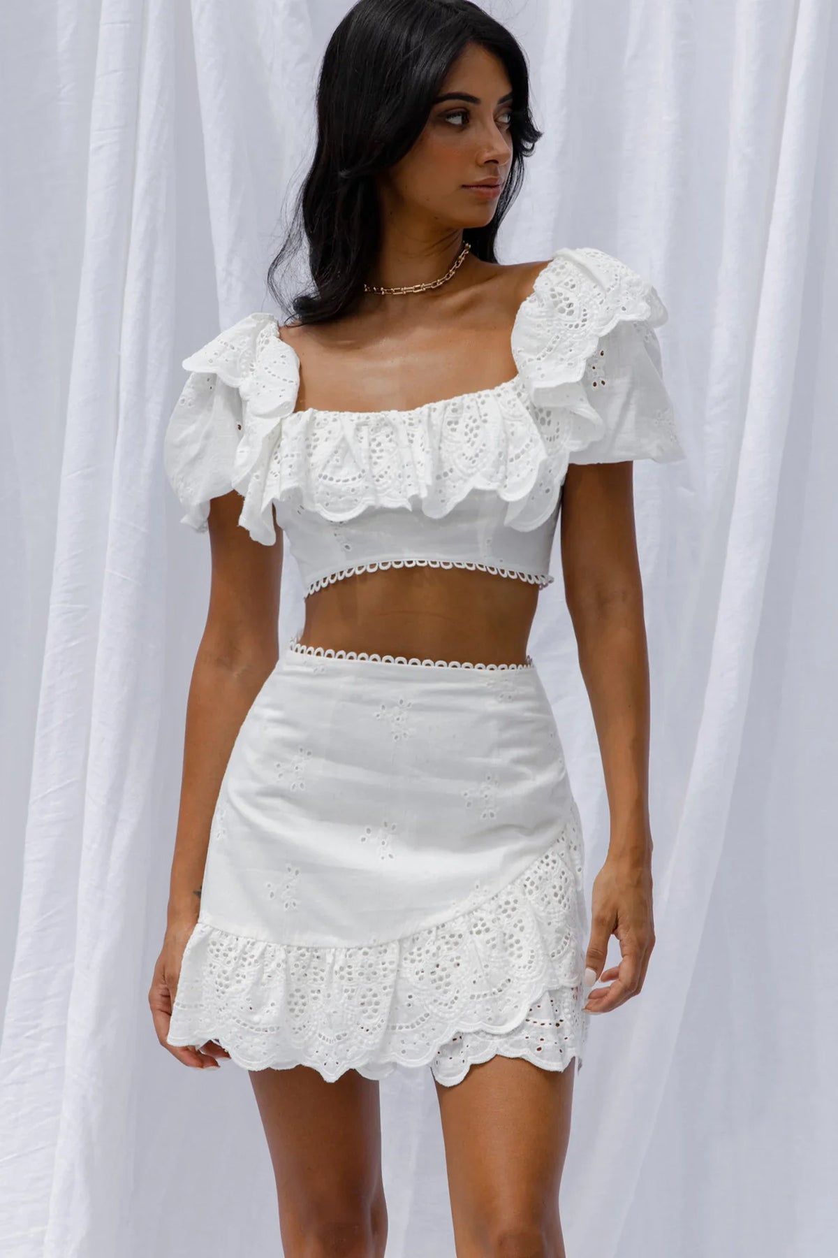 New Moon Ruffle Trim Puff Sleeve Eyelet Crop Top White