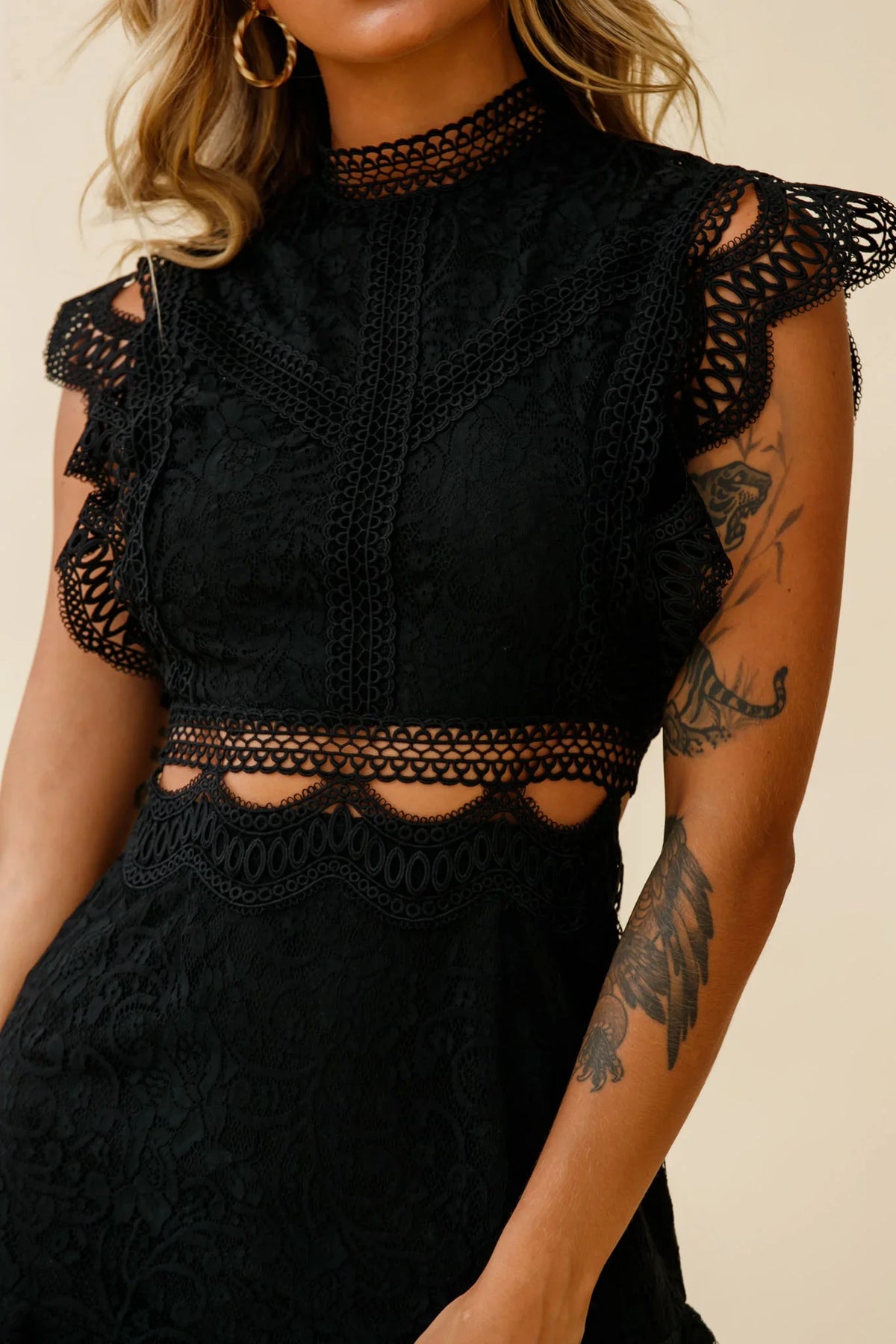 Elisha Crochet Detail Lace Overlay Dress Black